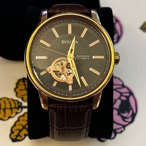 Bulova Rose Gold and Brown Skeleton Dial Watch 97A109